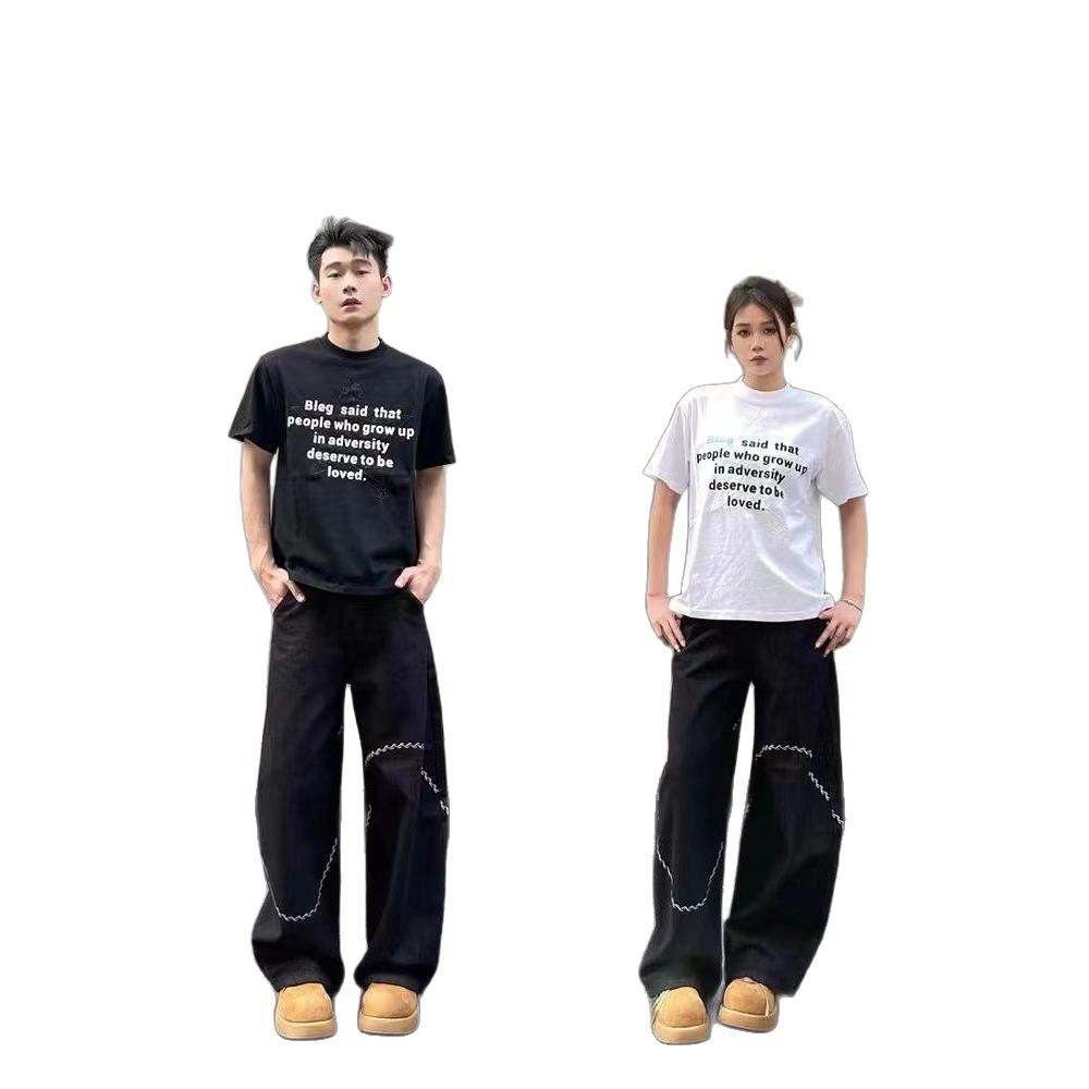 Jeans machete negro para hombres 2025 nuevo diseño bordado sensación de piernas largas sueltas pantalones casuales de moda