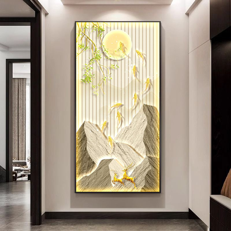 九鱼图玄关装饰画新中式山水走廊过道壁画灯画入户正对门客厅挂画|undefined
