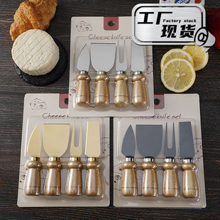 Cross-border in stock high quality rubber wood four-piece cheese cutter butter knife stainless steel cheese knife and fork suit