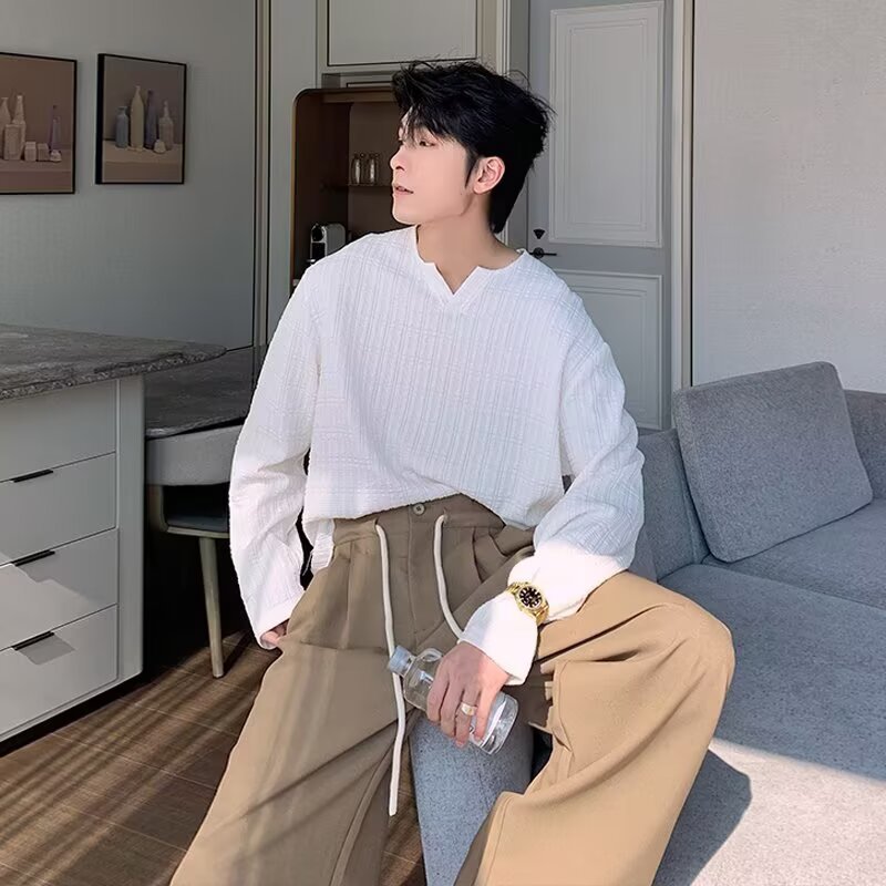 Otoño e invierno nuevo estilo camiseta de manga larga con cuello en V textura masculina avanzada principios de otoño estilo de Hong Kong marea floja comercio exterior transfronterizo al por mayor