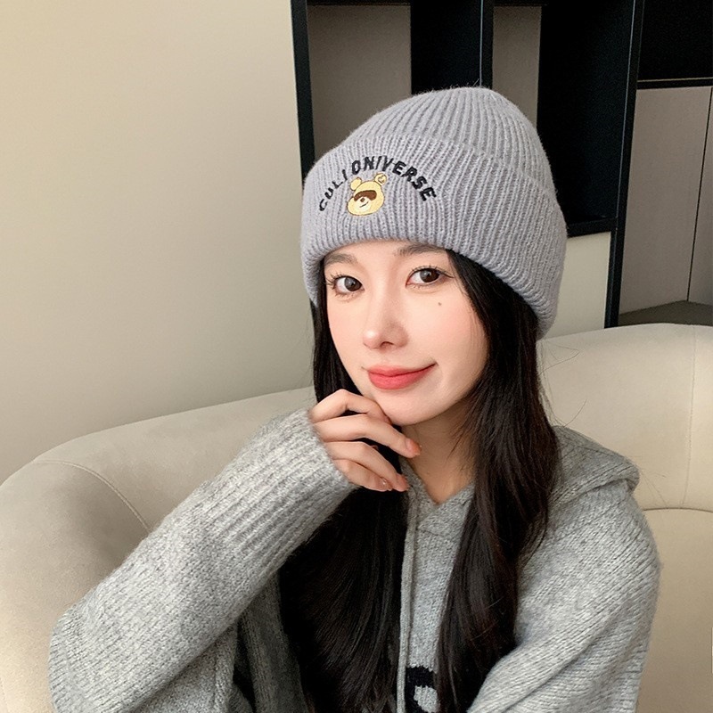 韩版刺绣小熊帽子女秋冬季骑车百搭针织毛线帽显脸小情侣月子帽潮|undefined