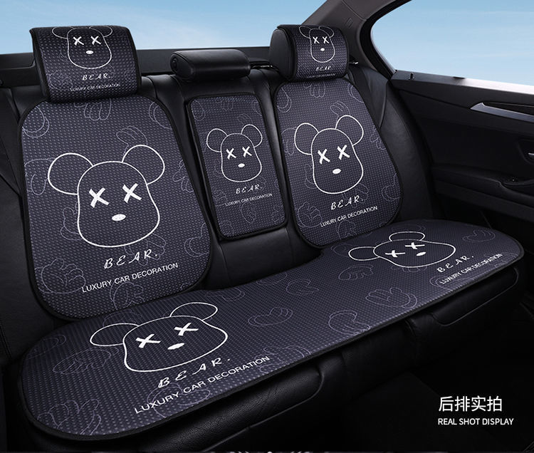 L5U new cartoon car seat cushion breathable four seasons universal linen cool cushion heat insulation whole car rear seat cushion three pieces