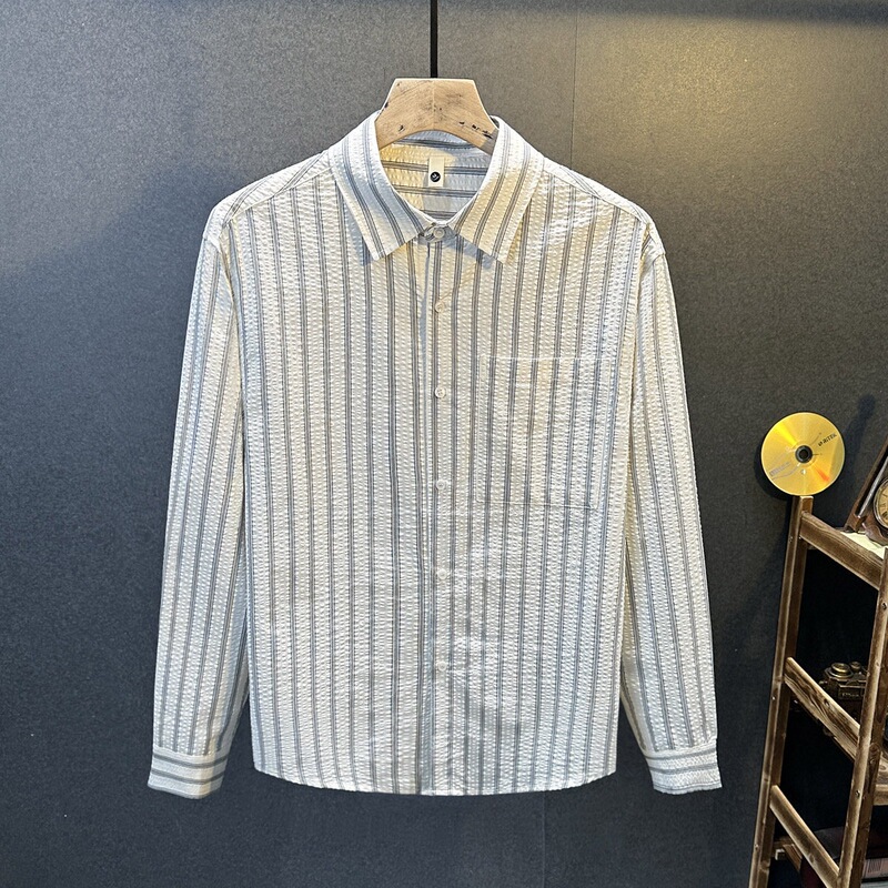 100% Cotton Casual Shirt for Men, Spring Trendy Striped Long-Sleeve Top, Loose Fit, Large Size, High-End Men's Shirt 100% Cotton Casual Shirt for Men, Spring Trendy Striped Long-Sleeve Top, Loose Fit, Large Size, High-End Men's Shirt