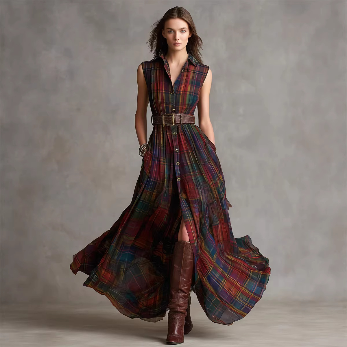 2026shein European And American Independent Site Cross-Border Vacation Western Bohemian Plaid Pocket Dress_ecoleips.com