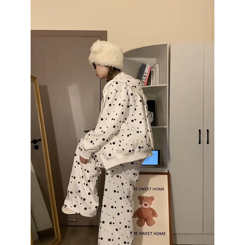 韩系设计感连帽卫衣女2025春秋慵懒风休闲外套阔腿裤可外出两件套|undefined