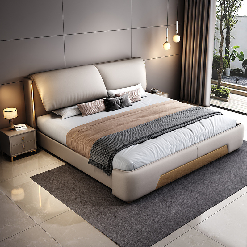 Cama de cuero italiana moderna y minimalista dormitorio principal cama doble queen de lujo ligero arte de cuero de elefante orejas italianas minimalistas