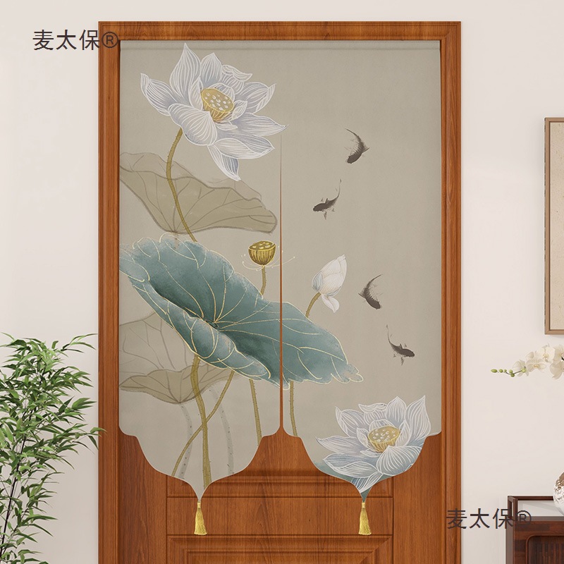 Chinese Lotus Door Curtain Partition Curtain Home Curtain Bedroom Kitchen Bathroom Punch-Free Feng Shui Fabric Metabo