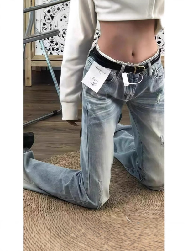 145小个子蕾丝花边拼接微喇牛仔裤女美式高街低腰修身显瘦拖地裤|undefined