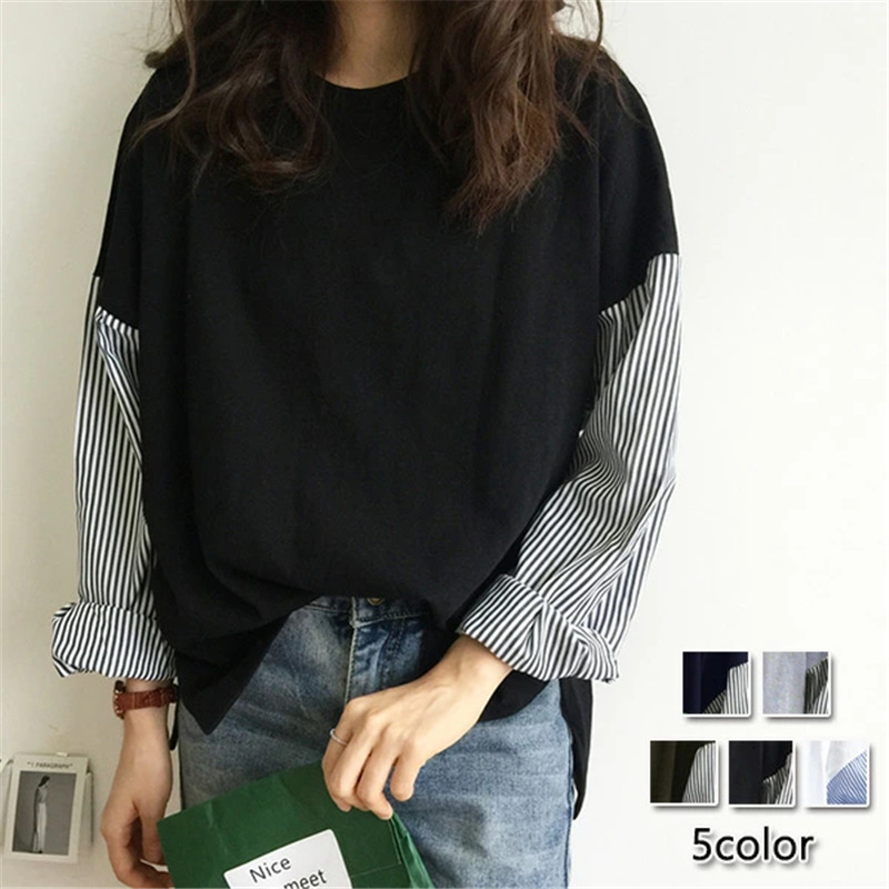 Ready Stock [Month-Old 2000] 5-Color Japanese Rakuten Popular Loose and Versatile Bf Style Stripesd Splicing Long-Sleeved T-Shirt
