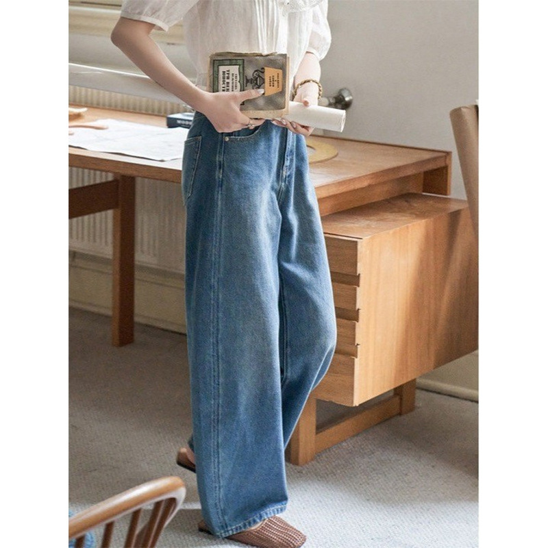 "White Drawing" "360-degree Good Version" Spring and Autumn Loose Straight Pants Machete Wide Leg Jeans Women