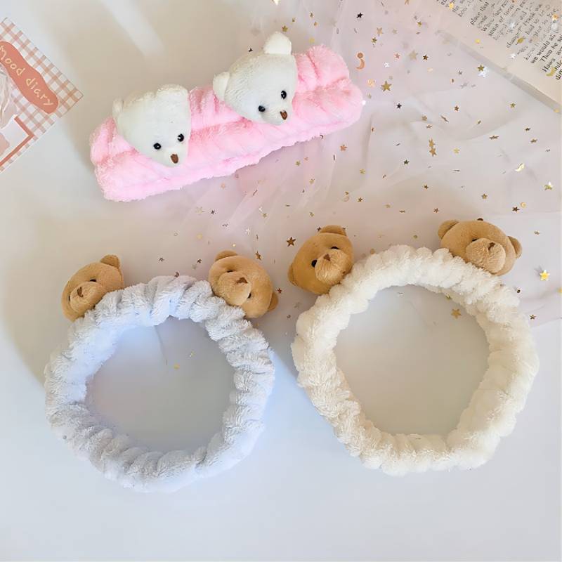 Corea del Sur tridimensional de dibujos animados muñeca de felpa lavado de cara banda de pelo lindo oso diadema hembra borde ancho maquillaje accesorios para el cabello tocado