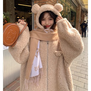 Cross-border bear ears lamb wool sweater women's cardigan zipper autumn and winter New wool particles lazy style coat for women