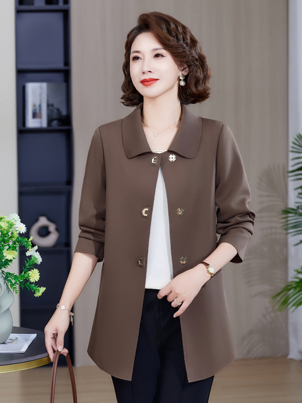 中老年女装秋季2025新款外套纯色翻领中长款上衣大码妈妈装风衣|undefined
