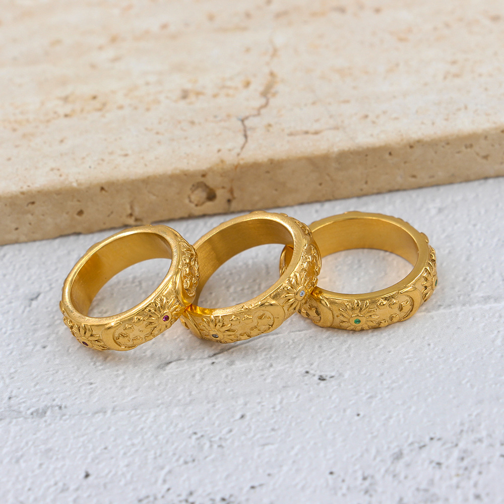 0.03µm Gold Plating Thickness PVD Coated Gold Plating Process Vintage Style Sun Star Moon Stainless Steel Plating Zircon Rings
