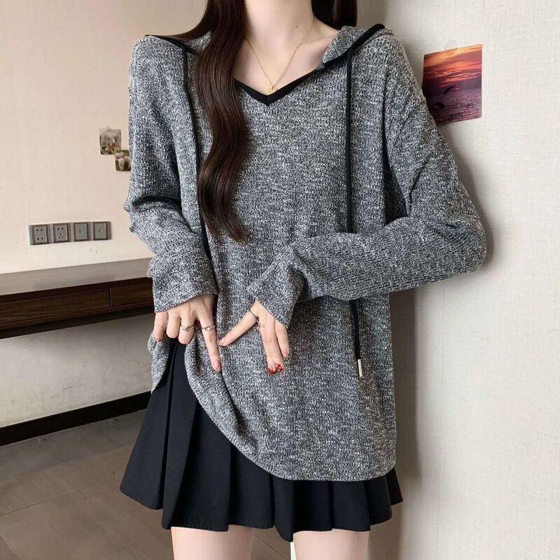 Hooded Collar Long-Sleeved Sweatshirt for Women Spring and Autumn Large Size New Slim European Goods New Tops Casual Bottoming Shirts