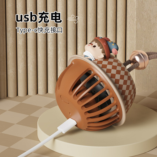 USB mini fan with bell creative bladeless fan, silent rechargeable portable three-speed neck strap mini fan