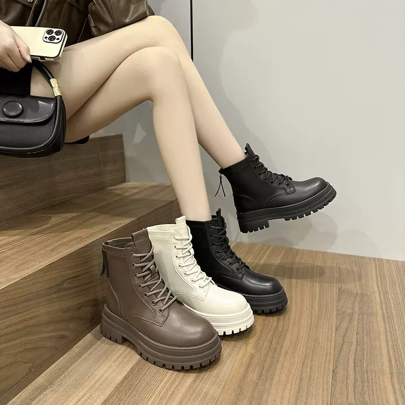 欧洲站厚底系带后拉链马丁靴女2025年秋季网红瘦瘦靴时尚休闲短靴