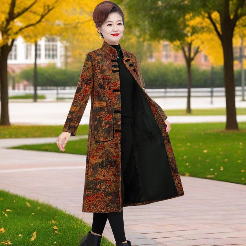 Ladieswear's Clothing Autumn and Winter New Chinoiserie Stand-Up Collar Windbreaker Mid-Length 40-50 Years Old 60 Middle-Aged and Elderly Women's Velvet Thick Outwear