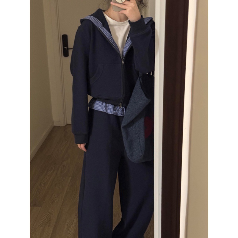 Korean High-End Casual Sportswear Suit for Women, Autum Fashion Contrasting Plaid Hooded Sweatshirt and Pants Two-Piece Set