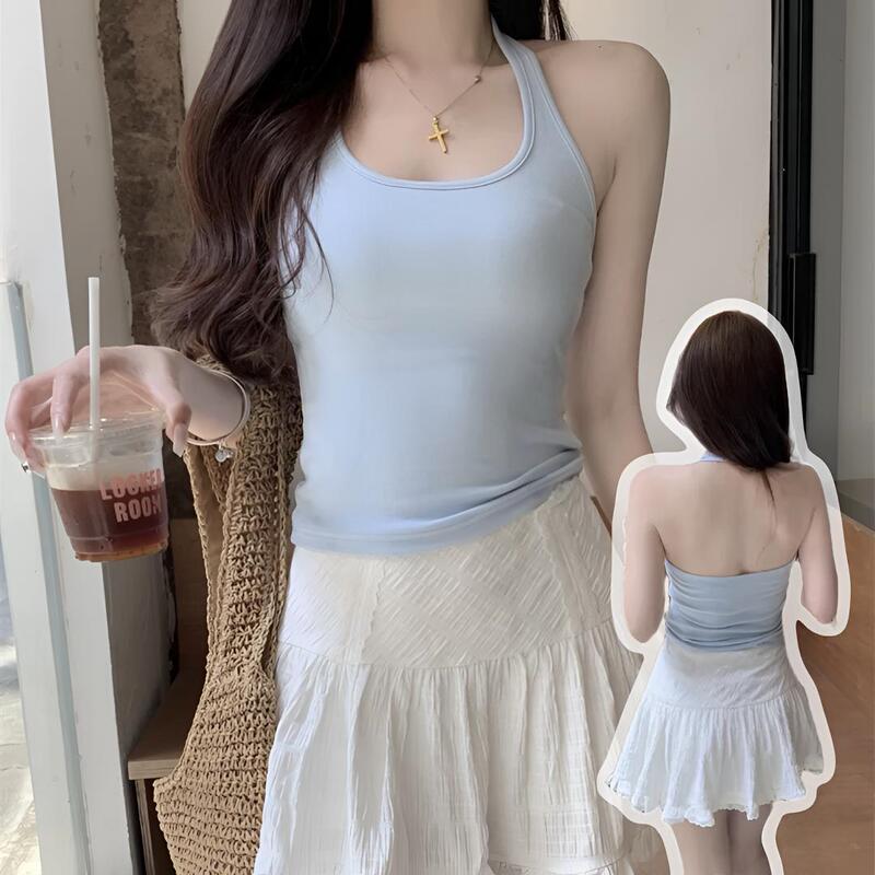Pure Desire Spicy Girl Halter Neck Short-Sleeve Tank Top with Chest Pads, Slim Fit, Suitable for Layering or Wearing Alone, Sleeveless Solid Color Top Pure Desire Spicy Girl Halter Neck Short-Sleeve Tank Top with Chest Pads, Slim Fit, Suitable for Layering or Wearing Alone, Sleeveless Solid Color Top