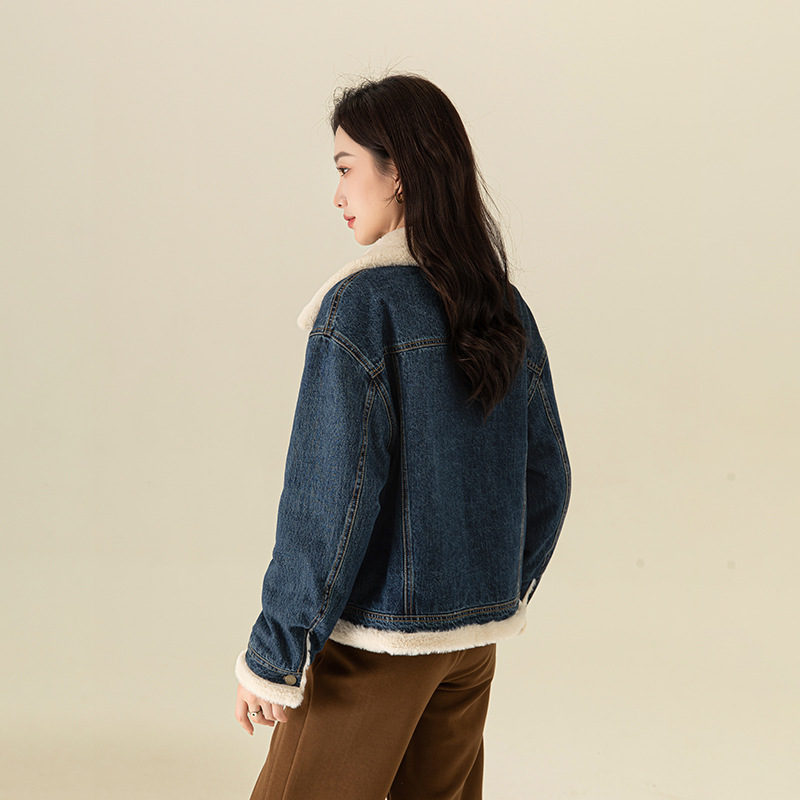 Áo khoác denim nữ phong cách Hàn Quốc, dáng suông, có lớp lót nhung dày giữ ấm — Màu xanh lam (ấm chống lạnh cộng với nhung dày)