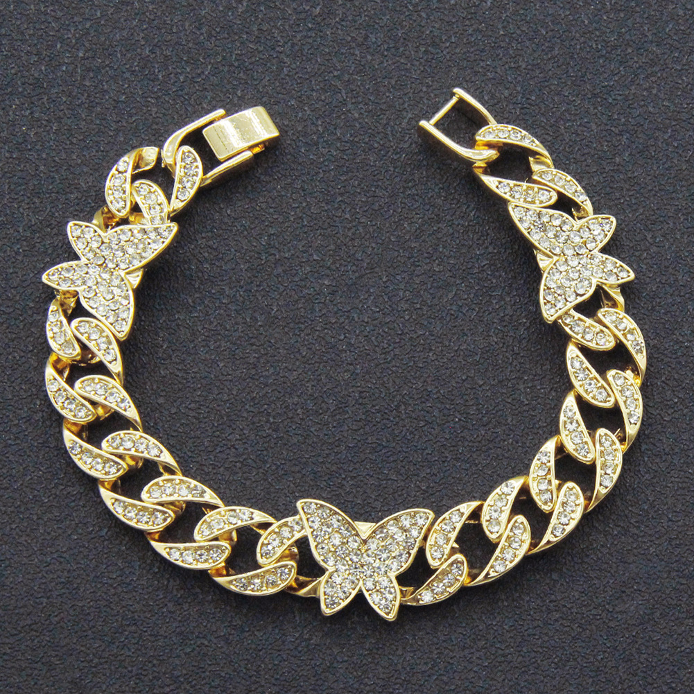 Fashion diamond-studded Cuban chain necklace full diamond butterfly hip-hop alloy necklace