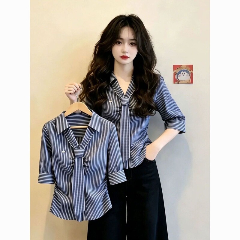 Fashionable Design Lapel Tie Blue Striped Shirt for Women, Summer Stylish Mature Versatile Slim-Fit Shirt Fashionable Design Lapel Tie Blue Striped Shirt for Women, Summer Stylish Mature Versatile Slim-Fit Shirt