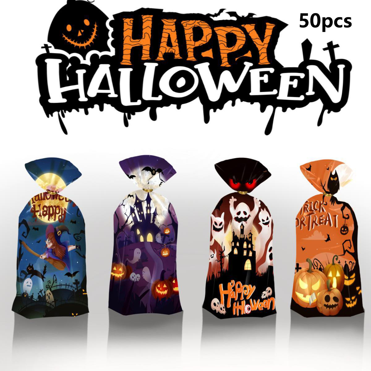 50个装万圣节举手白鬼OPP糖果袋 鬼节派对零食礼品包装袋送金丝带