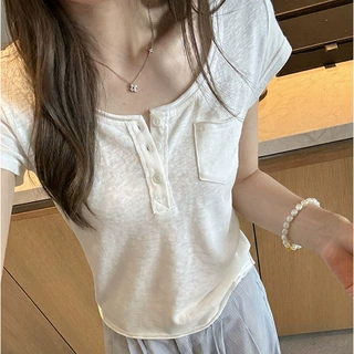 2026夏季新款甜辣风亨利领正肩短袖T恤女设计感修身显瘦百搭上衣