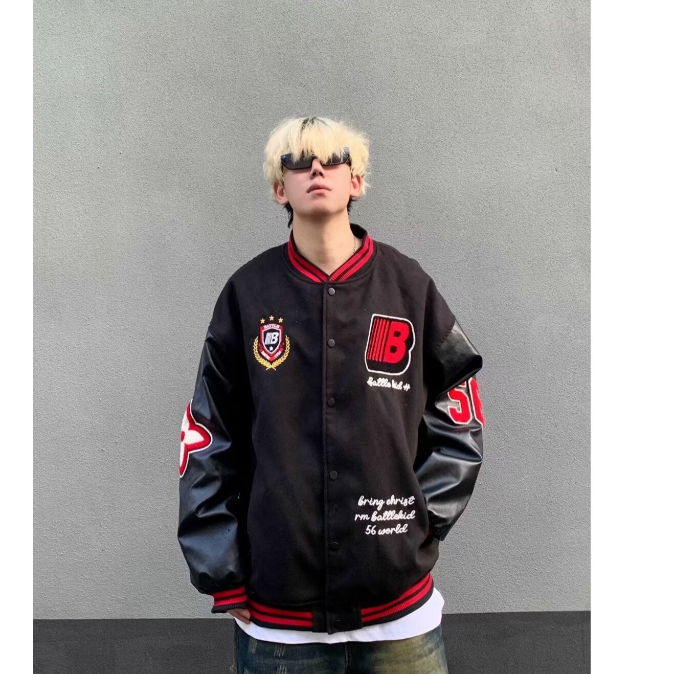 潮牌复古徽章拼接撞色棒球服外套男女秋冬季美式重磅宽松情侣夹克