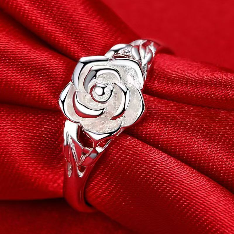 High-Quality Imitation Silver-Plated Jewelry, Fresh and Fashionable Minimalist Rose Flower Open Ring, Pastoral Style Versatile Women's Ring