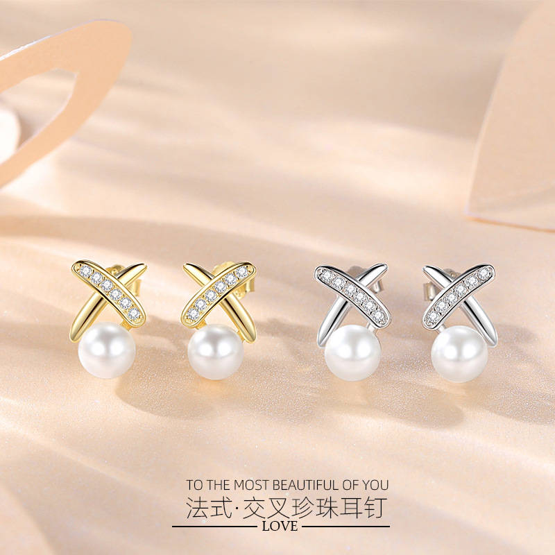 S925 pendientes de plata de ley pendientes de moda cruz pendientes francés estilo chanel letra X diseño femenino ins pendientes de alta calidad