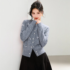 2025秋冬新款韩版圆领蝴蝶结开衫毛衣女小个子气质减龄长袖针织衫