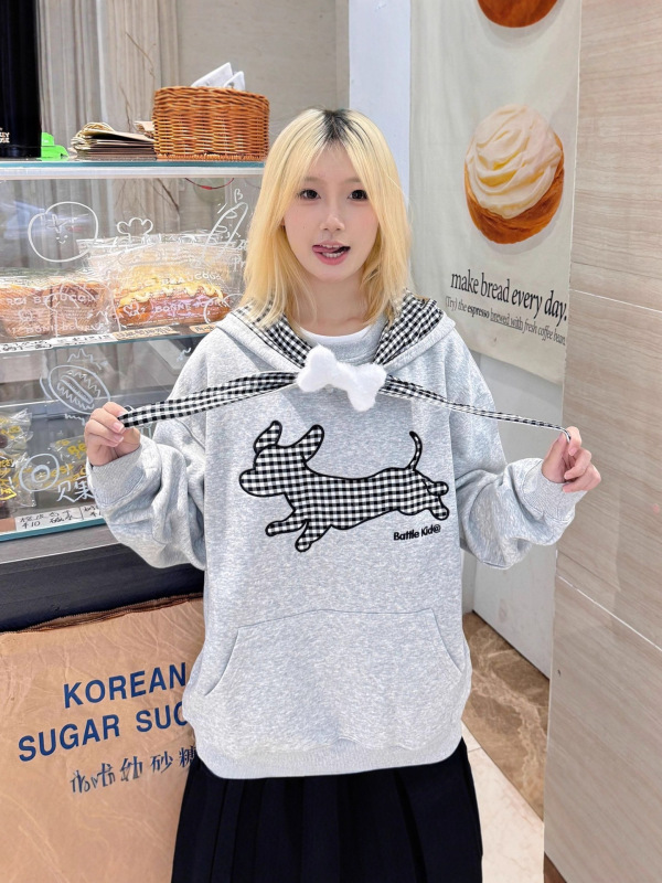 设计感小众刺绣格子连帽卫衣女2025新款早秋季薄款宽松慵懒风上衣|undefined