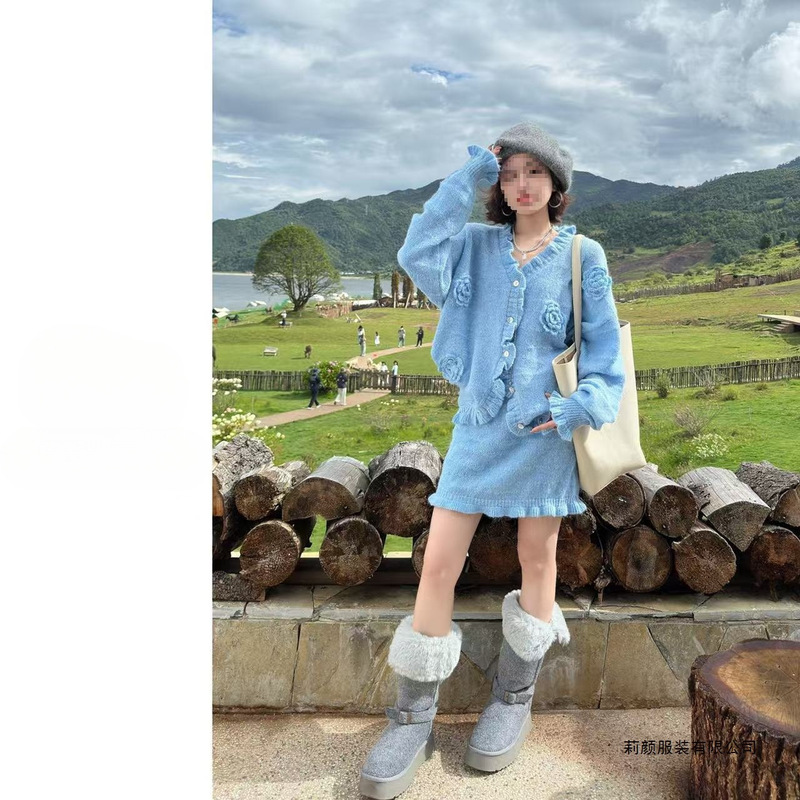 千金风小洋装套装2025早秋新款气质立体花朵灰色针织衫短裙女装|undefined