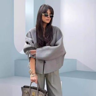 2023 cross-border new autumn and winter women's woolen coat personalized Street Cardigan V-neck casual long-sleeved sweater coat