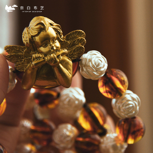 Ql @ 3H Little Angel Retro French American Decorative Magnetic Curtain Strap Pearl Amber Punch-Free Gauze Curtain