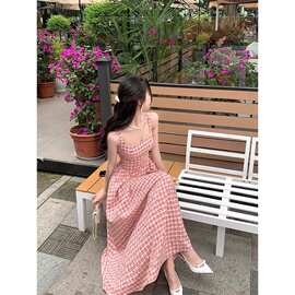 韩系甜美少女粉色波点格子吊带连衣裙女夏季小个子漂亮掐腰短裙子