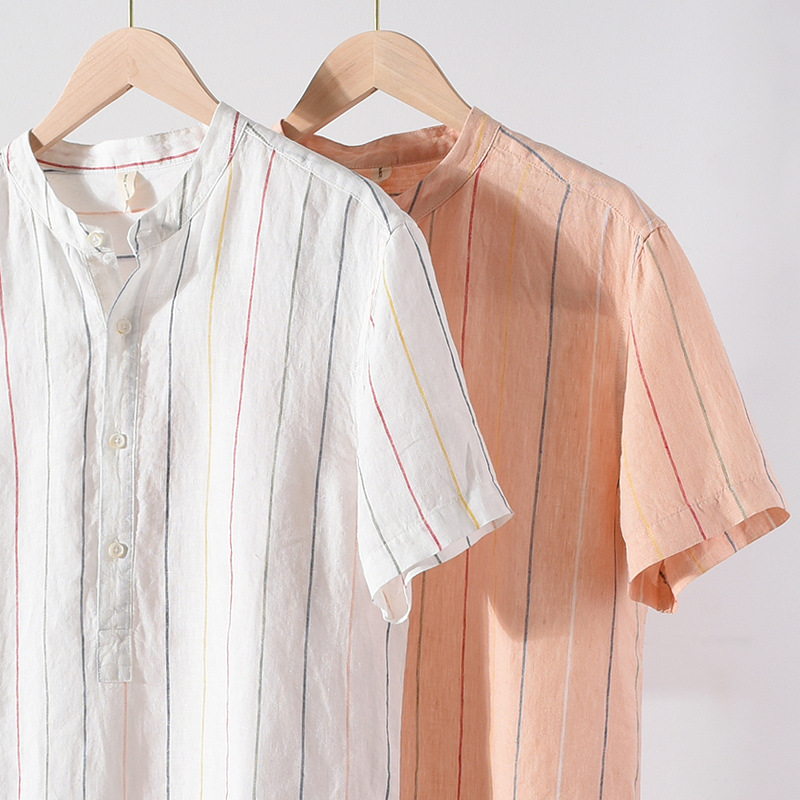 Nuova camicia a maniche corte a righe in lino per giacca casual estiva da uomo con colletto rialzato cinese_voghion.com