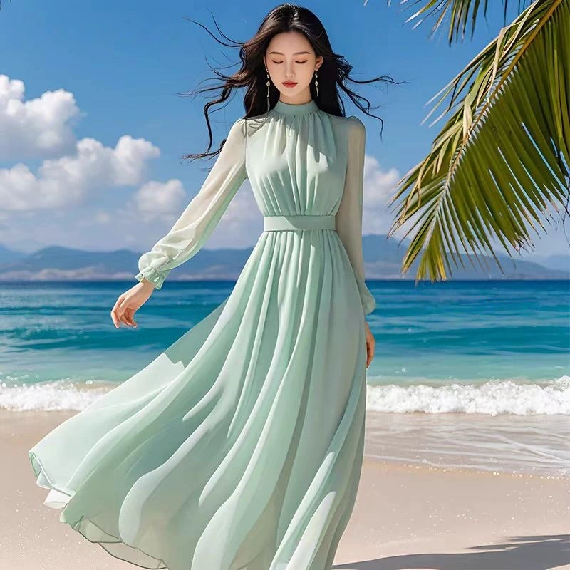 Светло-зеленое платье женское лето 2025 новый длинный рукав темперамент с талией на море длинная юбка пляжная юбка
