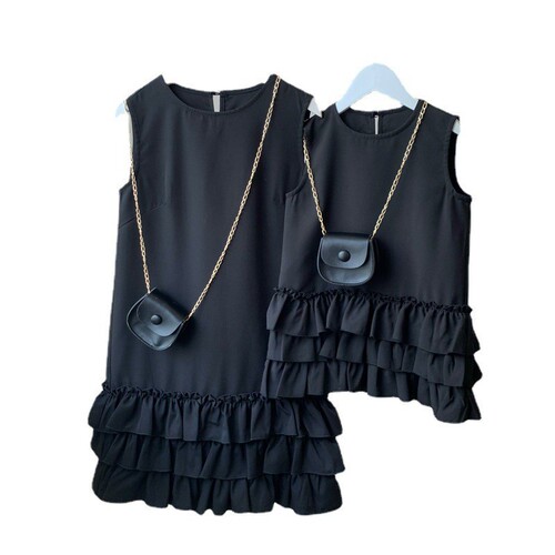 Family Set Autumn Outfit  New Mother and Daughter Set Hepburn Style Korean Black Cake Edge Frill Dress Set