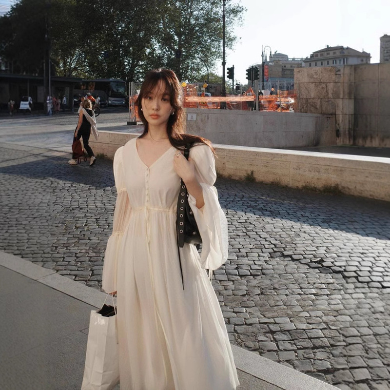 Spot Trumpet Sleeve V Neck Dress 2025 Spring Women's Atmosphere Long Skirt Design Strappy Fairy Skirt Flet*A