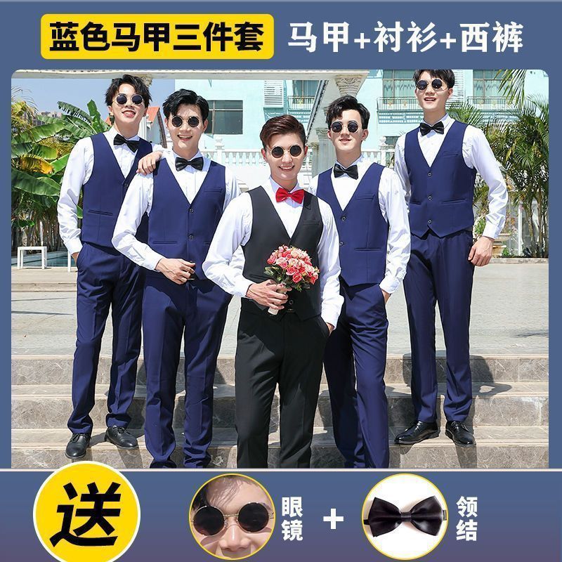 伴郎服兄弟装大码白衬衣长袖衬衫套装夏季男士结婚礼服兄弟团衣服|undefined