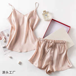 桑蚕丝缎面吊带背心女春夏丝绸外穿打底女士V领吊带短裤居家套装
