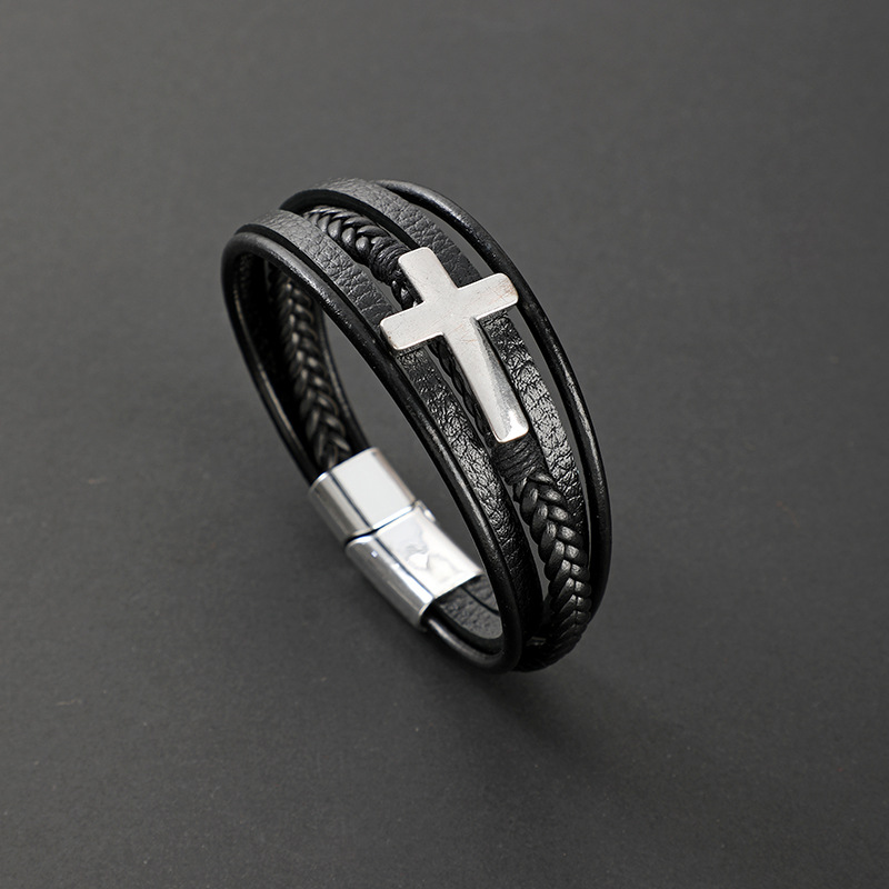 Holiday, Daily Occasion Vintage Style Classic Style Cross Pu Leather Titanium Steel Men's Wristband Men Cord & Leather Bracelets