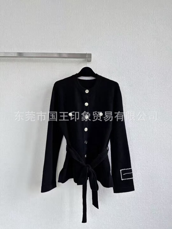 国王印象秋季新款小香风袖口字母网纱刺绣腰带长袖针织开衫外套女|undefined