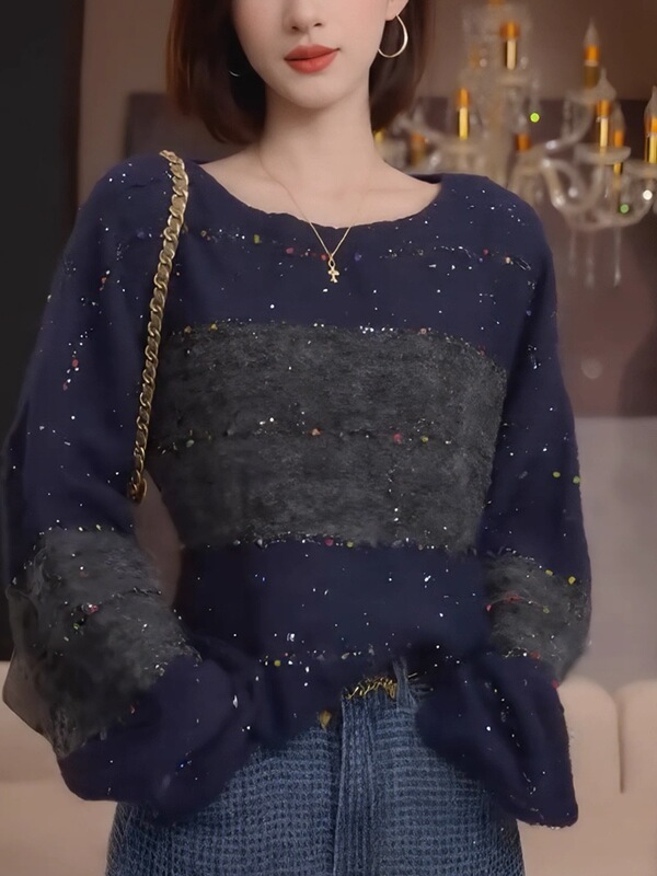 大码女装慵懒风撞色条纹亮片针织毛衣女秋冬胖MM百搭显瘦减龄上衣|undefined