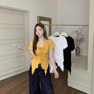 Plus Size Women's Clothing 2025 Summer New Style Fat Girl Korean Style Fashion Drawstring Folds Slimming Look Short-Sleeved T-Shirt Tops for Women