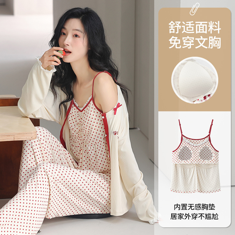 春と秋の女性用の新しい甘いスリーピースパジャマ、スレッドサスペンダー、胸パッド、長袖スタイル、夏に家着として着用できます。