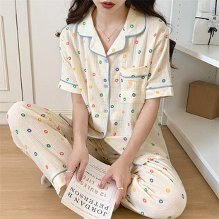 Summer new online celebrity bubble cotton pajamas women's short-sleeved trousers live broadcast sweet suit outerwear homewear